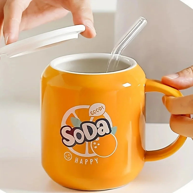 Copo De Cerâmica Térmico 380 ML Com Tampa E Canudo